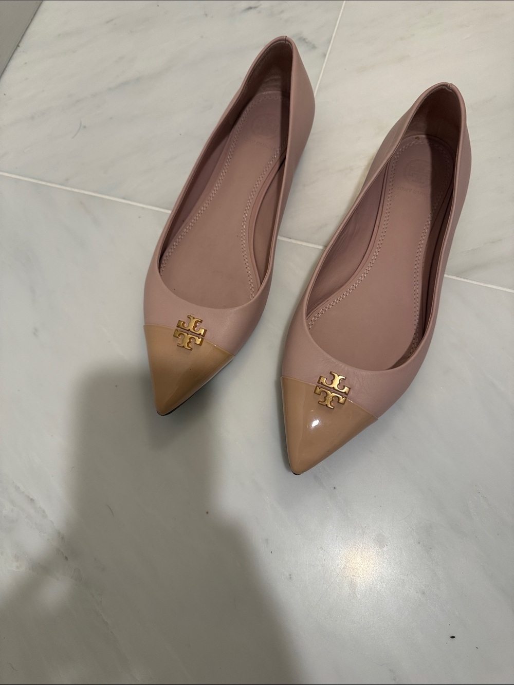 Tory Burch Blush Pink Pointed Toe Ballet Flats with Tan Patent Cap